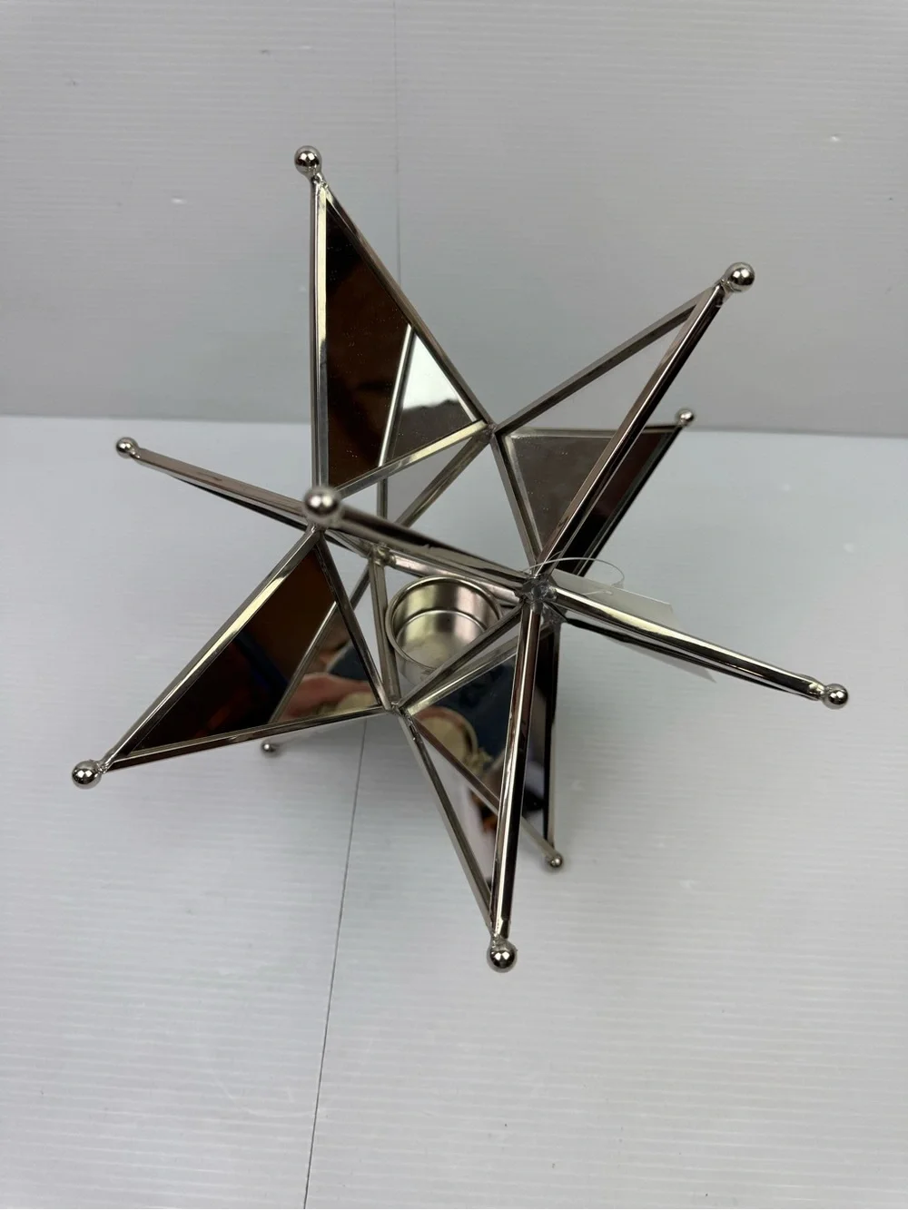VTG Silver Mirrored Metal Star Tealight Candle Holder Geometric 3D Table Center